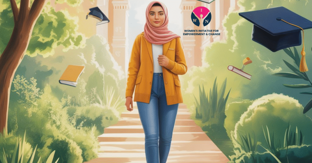 Young woman walking towards success